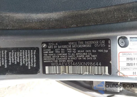 2005 BMW 325I from USA, damaged, VIN WBAEV33465KN98644